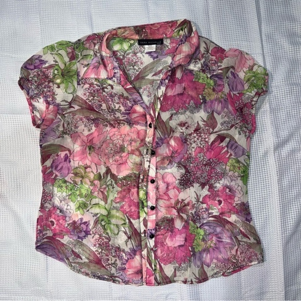 EUC Sara Michelle Petite Large Button Down Blouse Floral C